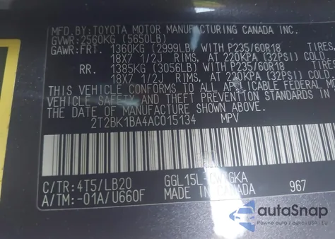 2010 Lexus Rx 350 from USA, damaged, VIN 2T2BK1BA4AC015134